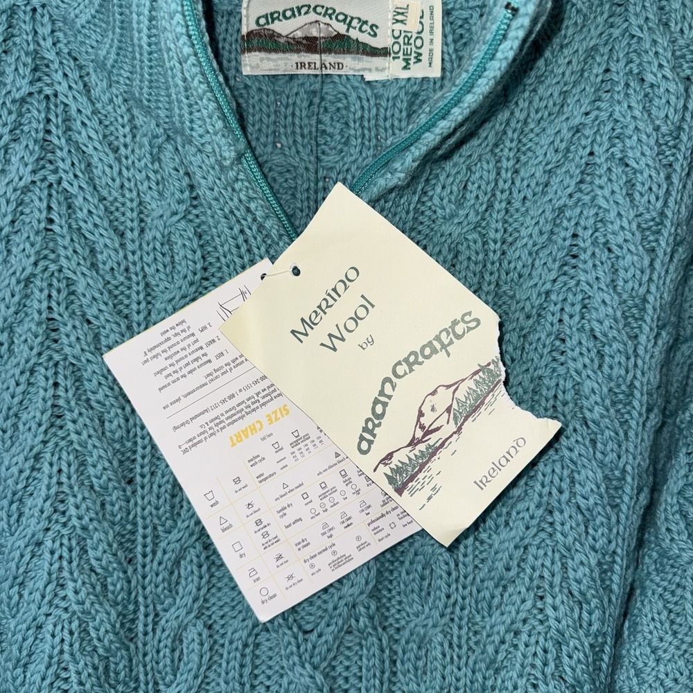 NWT Aran Crafts Ireland Sweater XXL Teal 100% Merino Wool Cable Knit 1/4 Zip - Picture 4 of 6